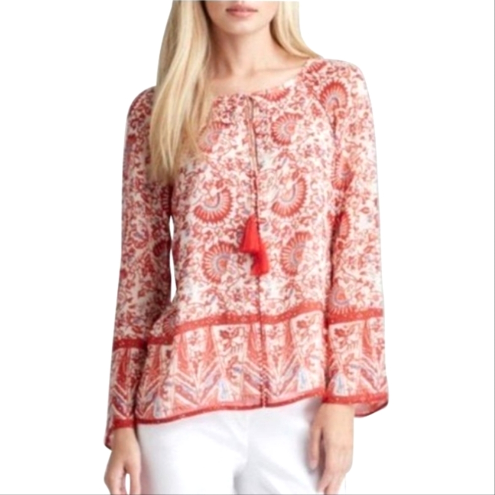 Tory Burch Danika boho floral printed tie neck silk tunic blouse women's size 2